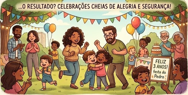 Ilustração de uma festa infantil no quintal, com bandeirinhas, balões, bolo, crianças correndo e famílias comemorando, com a legenda “O resultado? Celebrações cheias de alegria e segurança”